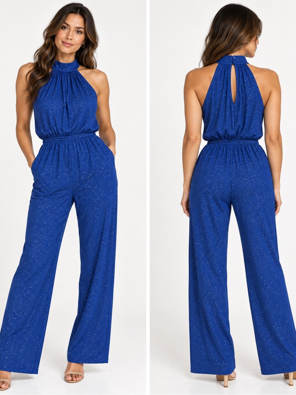 Enfocus Studio Royal Blue Glitter Halter Jumpsuit